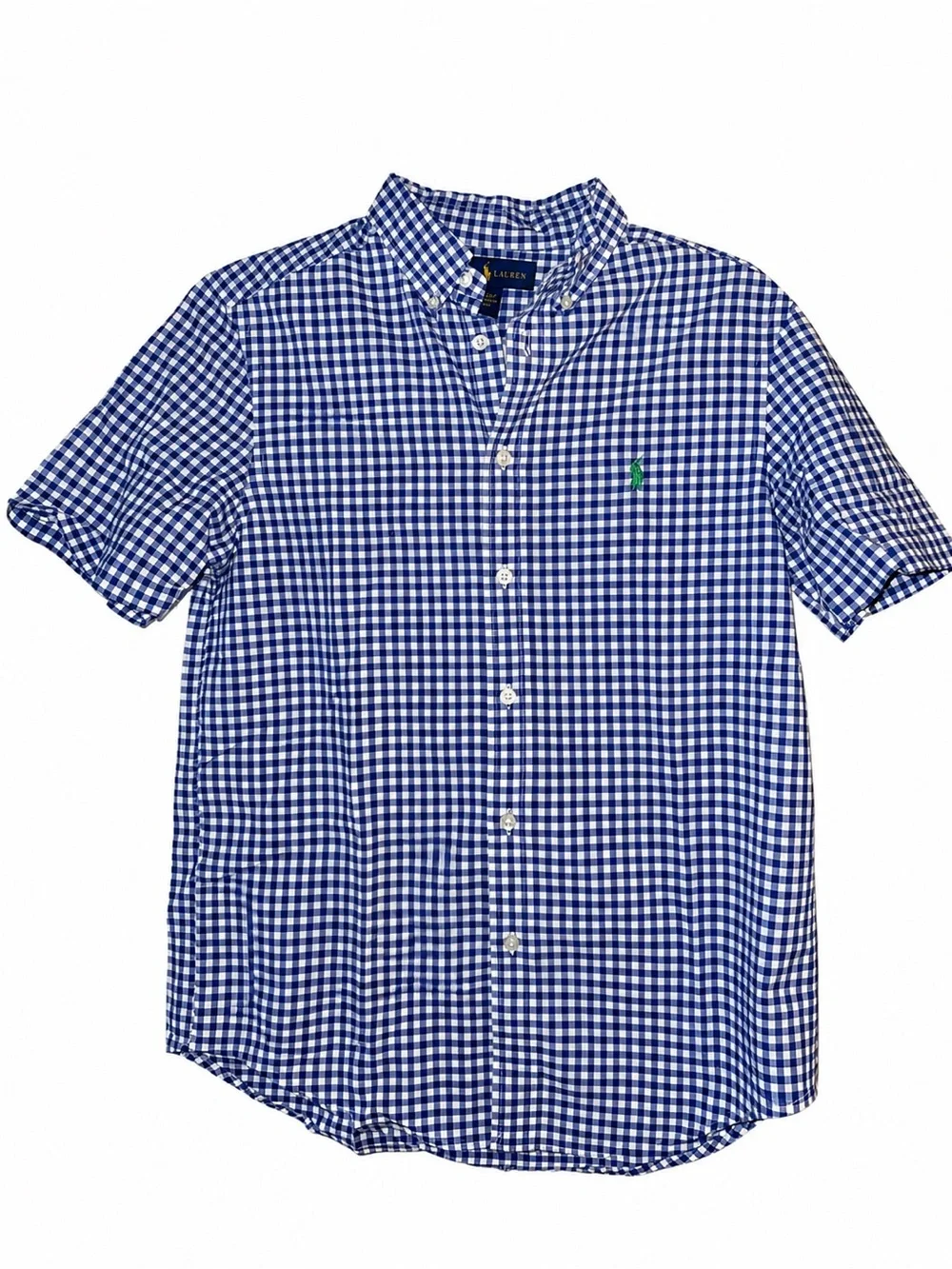 Ralph Lauren Boys L 14-16 Blue Gingham Button Down Short Sleeve Shirt